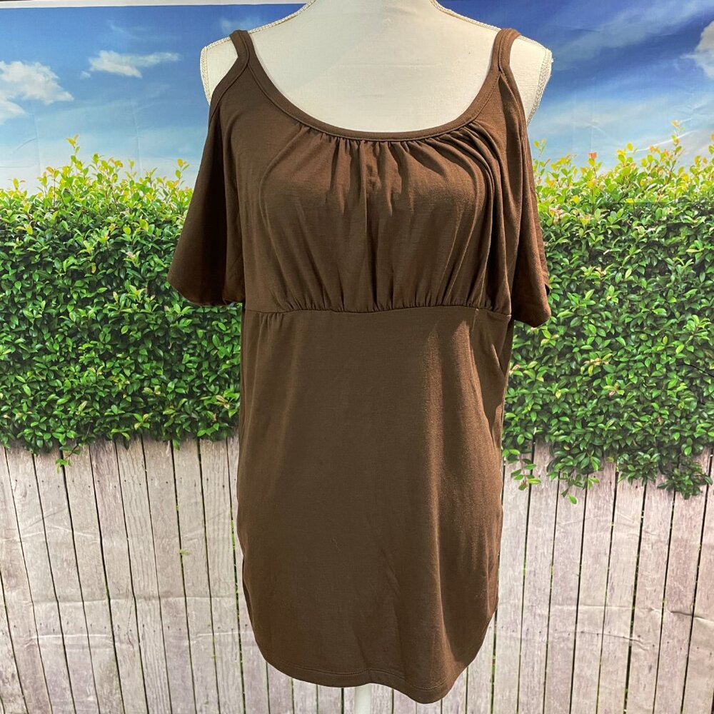 Womens Plus Chocolate Brown Shoulder Cut Out with Ruching Top Size 2X (SKU: 20W)
